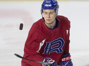 Laval Rocket's Jesse Ylönen during practice in Laval on Feb. 11, 2022.