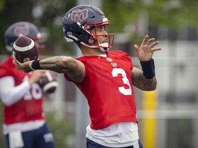 Quarterback Vernon Adams Jr. throws a pass during Montreal Alouettes training camp practice in Trois-Rivières on May 26, 2022.