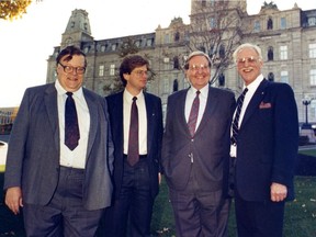 Newly elected Equality Party MNAs, from left, Neil Cameron, Robert Libman, Richard Holden and Gordon Atkinson pose at the National Assembly on Oct. 13, 1989.