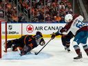 Artturi Lehkonen of Colorado Avalanche scores on Edmonton Oilers' Mike Smith during Game 4 overtime of the NHL Western Conference Final action at Rogers Place in Edmonton, on June 6, 2022.