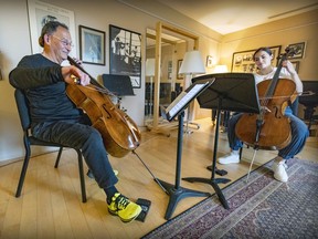 Cellist Denis Brott rehearses with former student Yoanna Prodanova at his office in the Conservatoire de musique de Montréal on Wednesday.