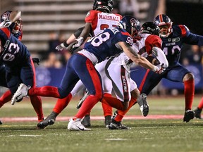Alouettes rookie defensive-end Brock Gowanlock, 98, in pre-season action against the Ottawa Redblacks at Molson Stadium in Montreal on June 3, 2022.