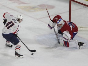 Rocket goalie Cayden Primeau stymied Springfield's Will Bitten on a breakaway Wednesday night during the first period to keep his team in the game.