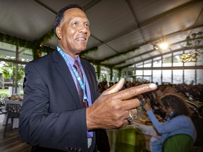 Former Montreal Expo Ken Singleton is introduced to the crowd at the 18th annual Sports Celebrity Breakfast, raising funds for the Cummings Jewish Centre for Seniors, in Montreal on Sunday, June 12, 2022.