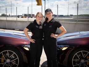 Racing pilots Nicole Havrda (left) and Demi Chalkias at ICAR Mirabel June 17, 2020.