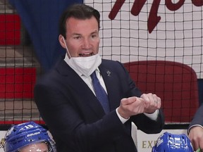 Canadiens assistant coach Luke Richardson assumes the role of head coach during a playoff game against the Vegas Golden Knights in Montreal on June 18, 2021. He was replacing interim head coach Dominique Ducharme, who had tested positive for COVID-19 earlier in the day.
