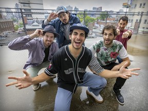 Electro-pop band Clay and Friends members, from left,  Clément "Pops" Langlois-Légaré, Poolboy,  Mike Clay, Pascal Boisseau aka Killah B, and Émile Alvaro Désilets.
