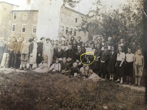 On that trip to Nizniow in 2017, Sam Langleben and his mother saw the Buchwald children’s village school — it is still in operation — and located a 1936 school photo of his grandmother, Lucia, at 13. Below, a page from the school register from 1936. Lucia Buchwald’s name is about two-thirds of the way down, on the left. She is listed as Salome, although her name was Shloma. Lucia was her “Canadian” name.  Photos courtesy Sam Langleben.