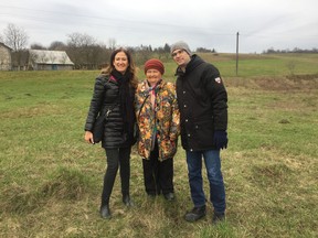 Nataliia Mariichyn was a teenager when her grandmother — Katerina Palivoda, centre — recounted sheltering a Jewish family in their barn during the Second World War. Here, her grandmother is flanked by Sam Langleben and his mother, Ruth Horn, during a trip to Nizniow, Ukraine, in 2017.  Photo courtesy Sam Langleben.