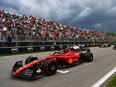 Charles Leclerc, driving the Ferrari F1-75, lines up ahead of others to practise starts at the end of practice ahead of the Canadian Grand Prix at Circuit Gilles-Villeneuve in Montreal on June 17, 2022.