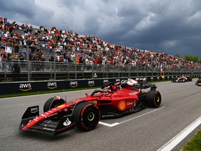 Charles Leclerc, driving the Ferrari F1-75, lines up ahead of others to practise starts at the end of practice ahead of the Canadian Grand Prix at Circuit Gilles-Villeneuve in Montreal on June 17, 2022.