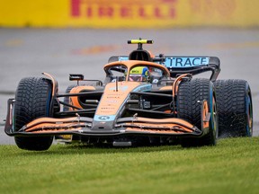 McLaren's Daniel Ricciardo misses a turn during the qualifying session for the Canadian Grand Prix at Circuit Gilles-Villeneuve in Montreal on June 18, 2022