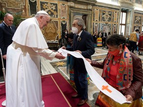 Pope Francis holds an audience in the Clementine Hall of the Apostolic Palace with indigenous delegations from Canada at the Vatican, April 1, 2022.