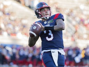 Alouettes quarterback Vernon Adams Jr.  reacts after scoring a touchdown during first half CFL pre-season football action against the Ottawa Redblacks last week.