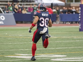 Montreal Alouettes' Chandler Worthy runs in for touchdown against the Saskatchewan Roughriders during first half CFL football action in Montreal, Thursday, June, 23, 2022.