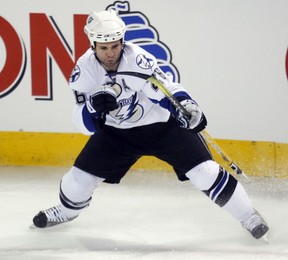 Martin St. Louis of the Tampa Bay Lightning celebrates his goal against the Canadiens at the Bell Center in Montreal on Dec. 11, 2008.