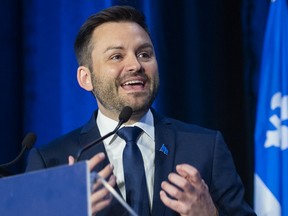 Parti Québécois Leader Paul St-Pierre Plamondon speaks during the party’s national council meeting in Boucherville, Saturday, May 28, 2022.