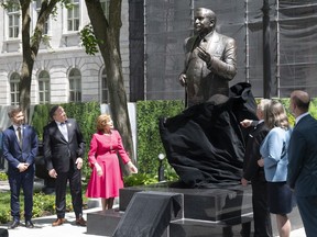 Dignitaries attend the unveiling of a statue of former premier Jacques Parizeau on the grounds of the National Assembly on Wednesday, June 1, 2022. From left: Québec solidaire co-spokesperson Gabriel Nadeau-Dubois, Premier François Legault, former PQ MNA and Parizeau's widow Lisette Lapointe, House Speaker François Paradis, Quebec Liberal Party representative Christine St-Pierre and PQ house leader Joël Arseneau.