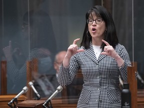 Quebec Treasury Board president Sonia Lebel responds to the Opposition over a strike in child daycare centre, Friday, December 3, 2021 at the legislature in Quebec City.