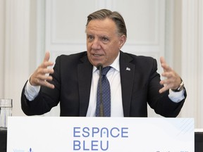 Quebec Premier Francois Legault speaks at a news conference, Thursday, June 10, 2021 in Quebec City. The government announces the creation of an Espaces Bleus network to promote Quebec cultural heritage.