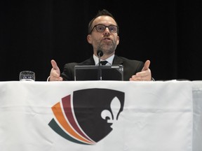 UPAC Commissioner Frédérick Gaudreau defends the anti-corruption unit as he presents his annual reports, during a news conference, Tuesday, Nov. 9, 2021  in Quebec City.