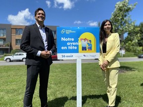 Laval Mayor Stéphane Boyer, left, and Longueuil Mayor Catherine Fournier, right, announced the summit on Monday, which will also include Montreal Mayor Valérie Plante and Quebec City Mayor Bruno Marchand.