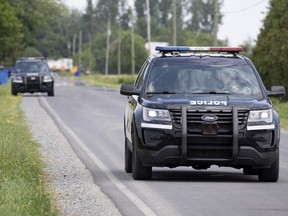 A Surete du Quebec car patrols  in Notre Dame de Stanbridge, east of Montreal, in 2020.