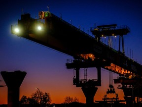 Construction workers continue to work through the night on the REM at the Techno-Parc in Montreal June 5, 2022. Quebec engineers are on strike for a second time.