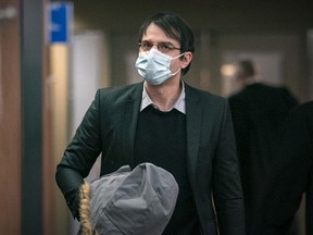 Gabriel Sohier Chaput, seen in Montreal court in February 2022, testified that his writings on a neo-Nazi website were not to be taken seriously.