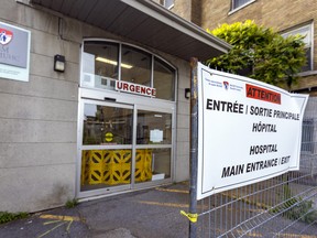 The entrance to the Lachine Hospital on June 22, 2022. The hospital's ER is one of six across the province that will be partially closed because of staffing shortages among health care workers.