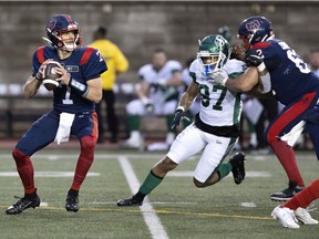 Alouettes quarterback Trevor Harris completed 16 of 22 passes for 262 yards and avoided turning the ball over last week against the Roughriders.