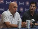 Montreal Canadiens GM Kent Hughes (left) and Vincent Lecavalier, a special advisor to hockey operations for the club, at a press conference ahead of Thursday's NHL Draft, at the Bell Sports Complex in Brossard Monday, July 4, 2022.