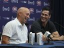 MONTREAL, QUE.: JULY 4, 2022 -- Montreal Canadiens general manager Kent Hughes and Vincent Lecavalier, the club's special adviser for hockey operations, share a laugh at a news conference ahead of the NHL Draft Thursday at the Bell Center.  This was at the Bell Sports Complex in Brossard, south of Montreal, on Monday, July 4, 2022.