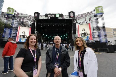 Stacey Ryan's mother, Carole Shore, left to right, father Gary Ryan and sister Jessica Ryan wait for for Stacey to take the main stage at the jazz festival in Montreal on Tuesday, July 5, 2022.