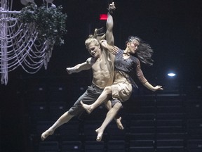 Aerial strap artists Maxime Piche-Luneau and Caroline Huang during rehearsal of circus show Après la nuit at La Tohu.