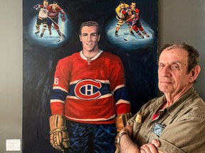 Local artist Jacques Semeteys' painting of Henri Richard on display at Studio 77 in Pointe-Claire Village.