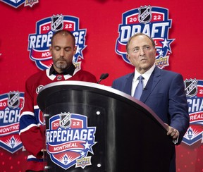 NHL commissioner Gary Bettman is booed by Montreal fans as he delivers the opening remarks at the NHL Draft at the Bell Centre on Thursday, July 7, 2022. Martin Lafleur, son of Guy Lafleur looks on.