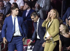 Juraj Slafkovsky and his mother react as the Montreal Canadiens pick Slafkovsky as their 1st draft choice during the NHL Draft in Montreal on Thursday, July 7, 2022.