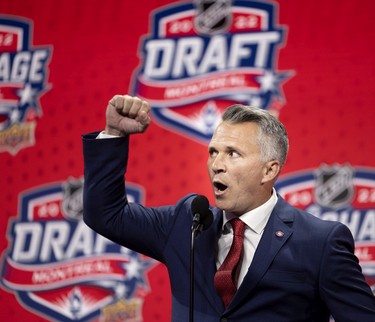Montreal Canadiens head coach Martin St. Louis speaks to the fans at the start of the NHL Draft in Montreal on Thursday, July 7, 2022.