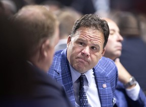 Montreal Canadiens executive vice-president, Hockey Operations, Jeff Gorton speaks with his team during the NHL Draft in Montreal on Thursday, July 7, 2022.