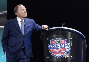 NHL commissioner Gary Bettman waits for the next team to announce thier choice during the NHL Draft in Montreal on Thursday, July 7, 2022.