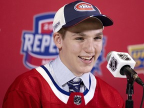Lane Hutson speaks with the media after being drafted by the Montreal Canadiens during the NHL draft in Montreal on Friday, July 8, 2022.
