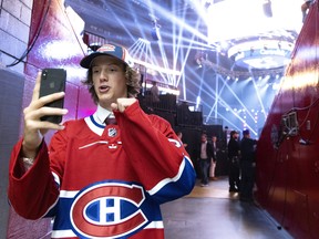 Vinzenz Rohrer records a social media message for the Montreal Canadiens after being drafted 75th overall on Friday.