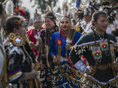 Kirby Delisle (centre) of Kahnawake and others take part in the Retreat Dance at the 30th edition of the Echoes of a Proud Nation Pow-Wow in Kahnawake on Sunday, July 10, 2022.