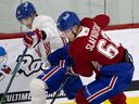 Ryan Hopkins, left, and Juraj Slafkovsky during the Montreal Canadiens training camp, in Brossard, on Monday, July 11, 2022.