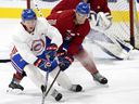 Owen Beck, bottom, and Joshua Roy, during Montreal Canadiens development camp at the Bell Sports Complex in Brossard on July 11, 2022.
