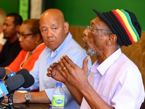 Byron Cameron, president of the Spice Island Cultural Festival speaks at a press conference at Greenz Restaurant in the Lachine Borough of Montreal Wednesday July 13, 2022 about police intervention at the festival’s Fête Nationale event at the restaurant last month.