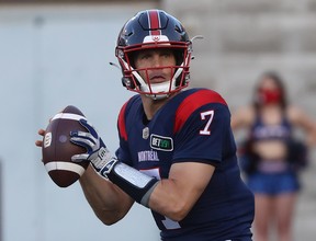 Montreal Alouettes quarterback Trevor Harris (7) looks for receiver during first-half CFL action in Montreal on Thursday July 14, 2022.