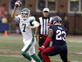 Alouettes defensive-end Avery Ellis chases
Roughriders quarterback Cody Fajardo during a game last month. Through five games, Ellis has been one of Montreal's more productive players, with two sacks and nine tackles.