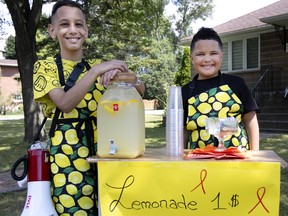 Brothers Ness Massa, left, 11, and Ariel Massa, 8, raise money for charity by selling $1 glasses of lemonade outside their home in Roxboro.